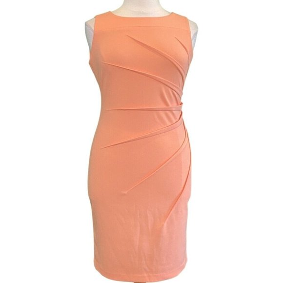 Calvin Klein Sleeveless Round Neck Seamed Sunburst Peach Knit Dress Size 12 - Picture 3 of 7